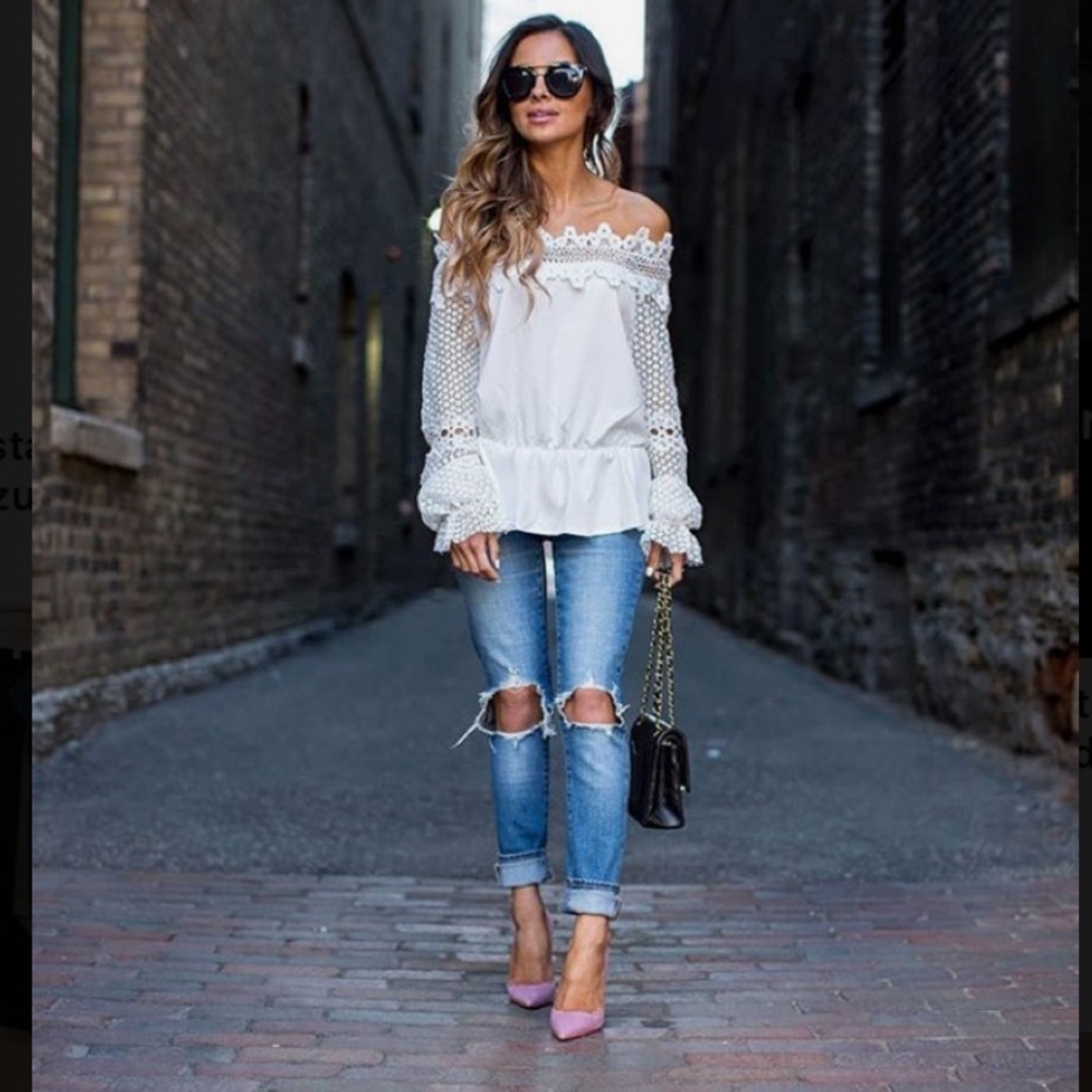 Off the shoulder white lace shirt